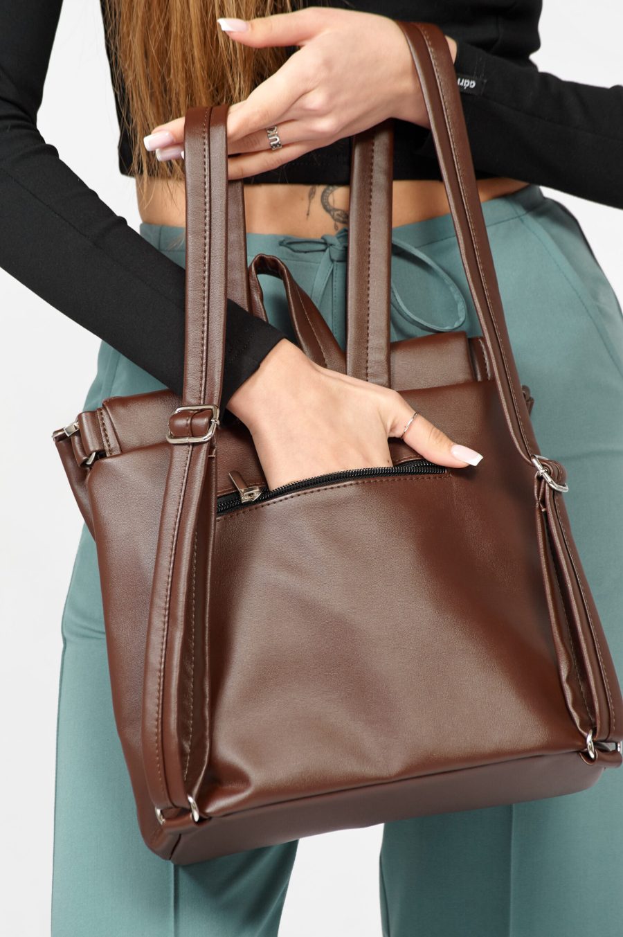 Женский рюкзак-сумка Sambag Loft строченая шоколадная