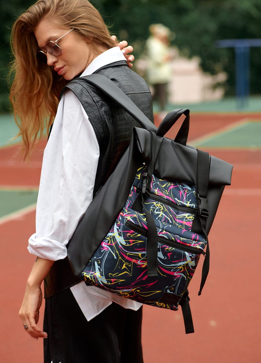 Рюкзак жіночий для ноутбука Sambag RollTop LTT чорний з принтом