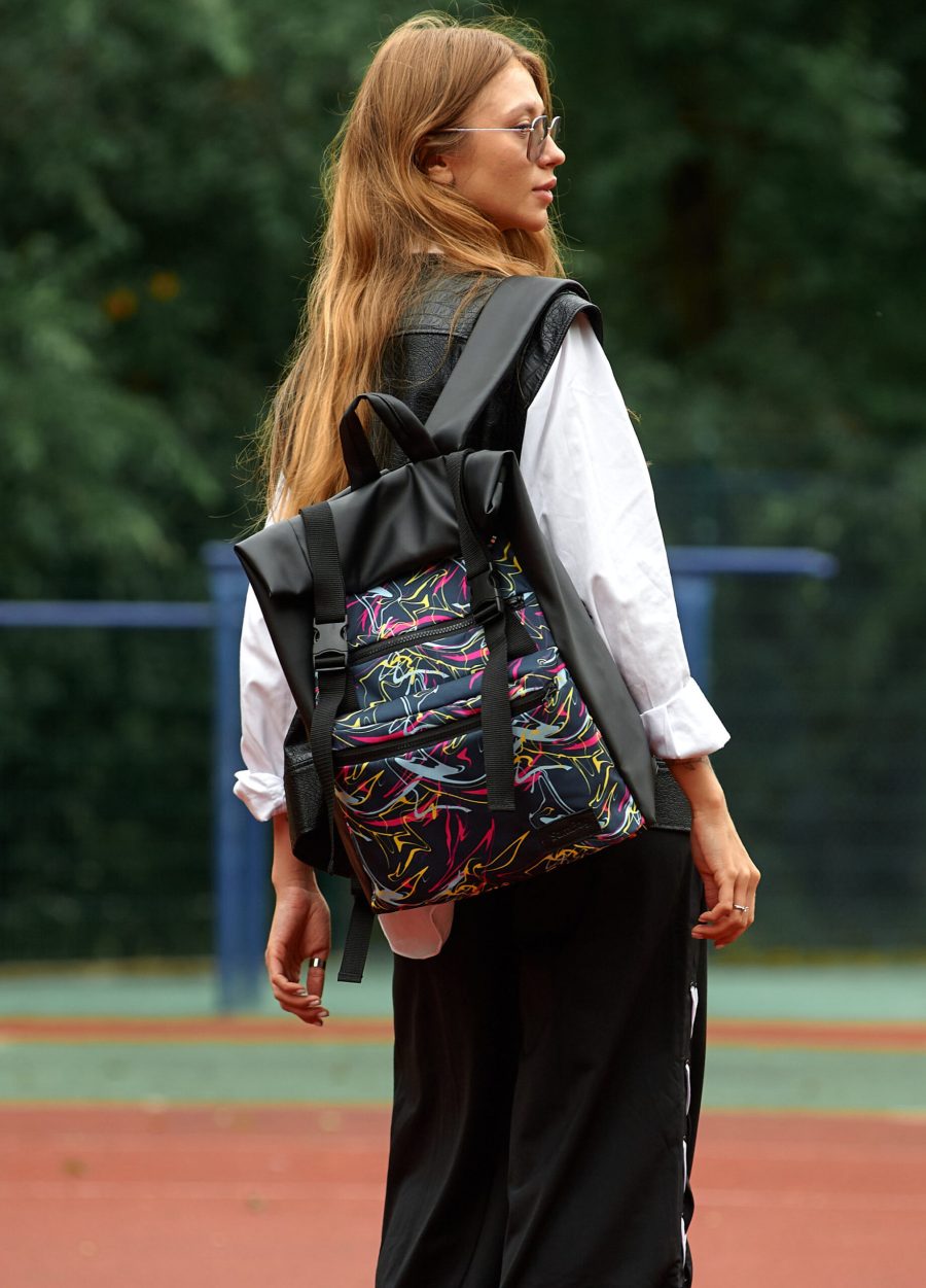 Рюкзак жіночий для ноутбука Sambag RollTop LTT чорний з принтом