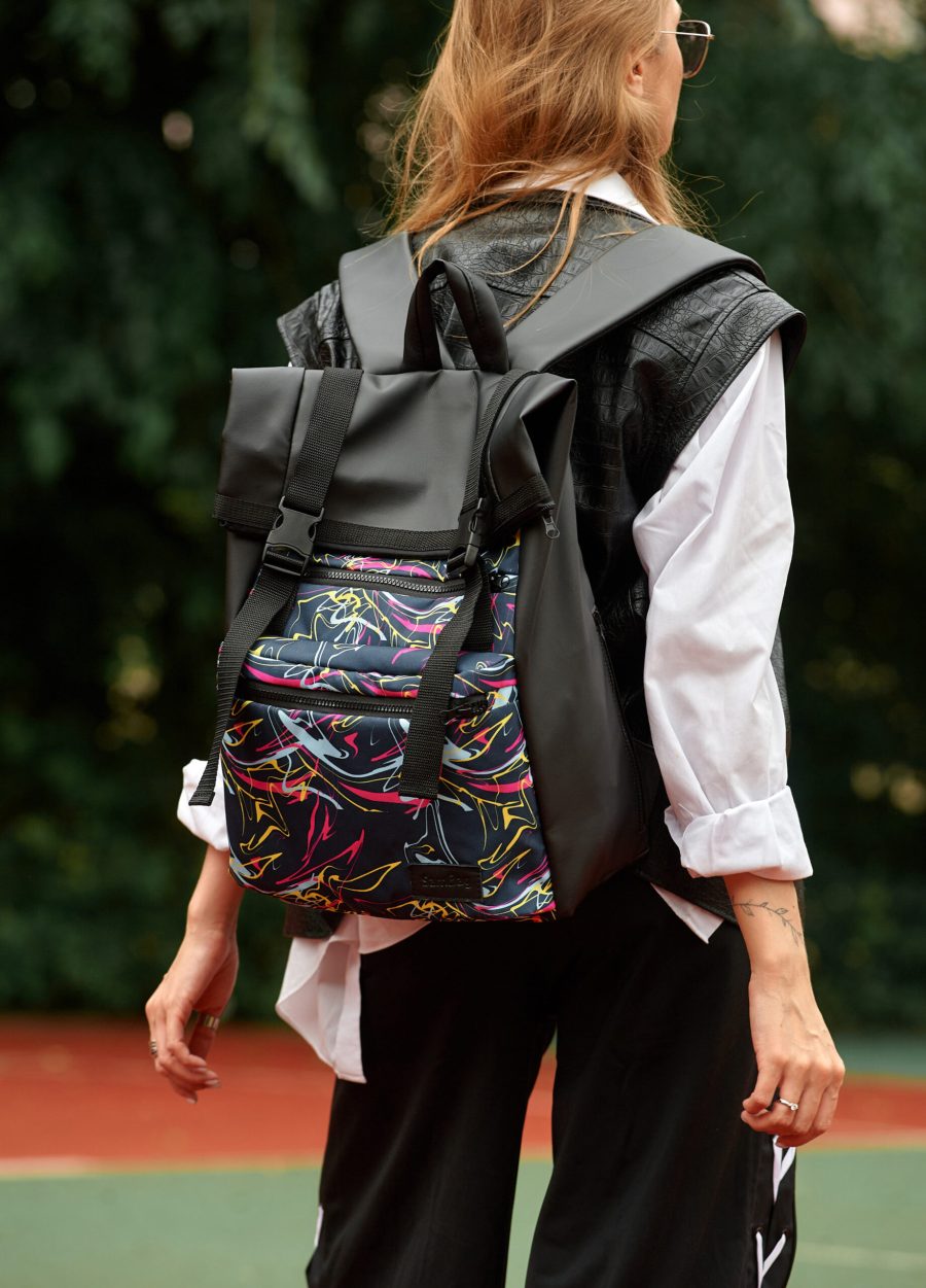 Рюкзак жіночий для ноутбука Sambag RollTop LTT чорний з принтом