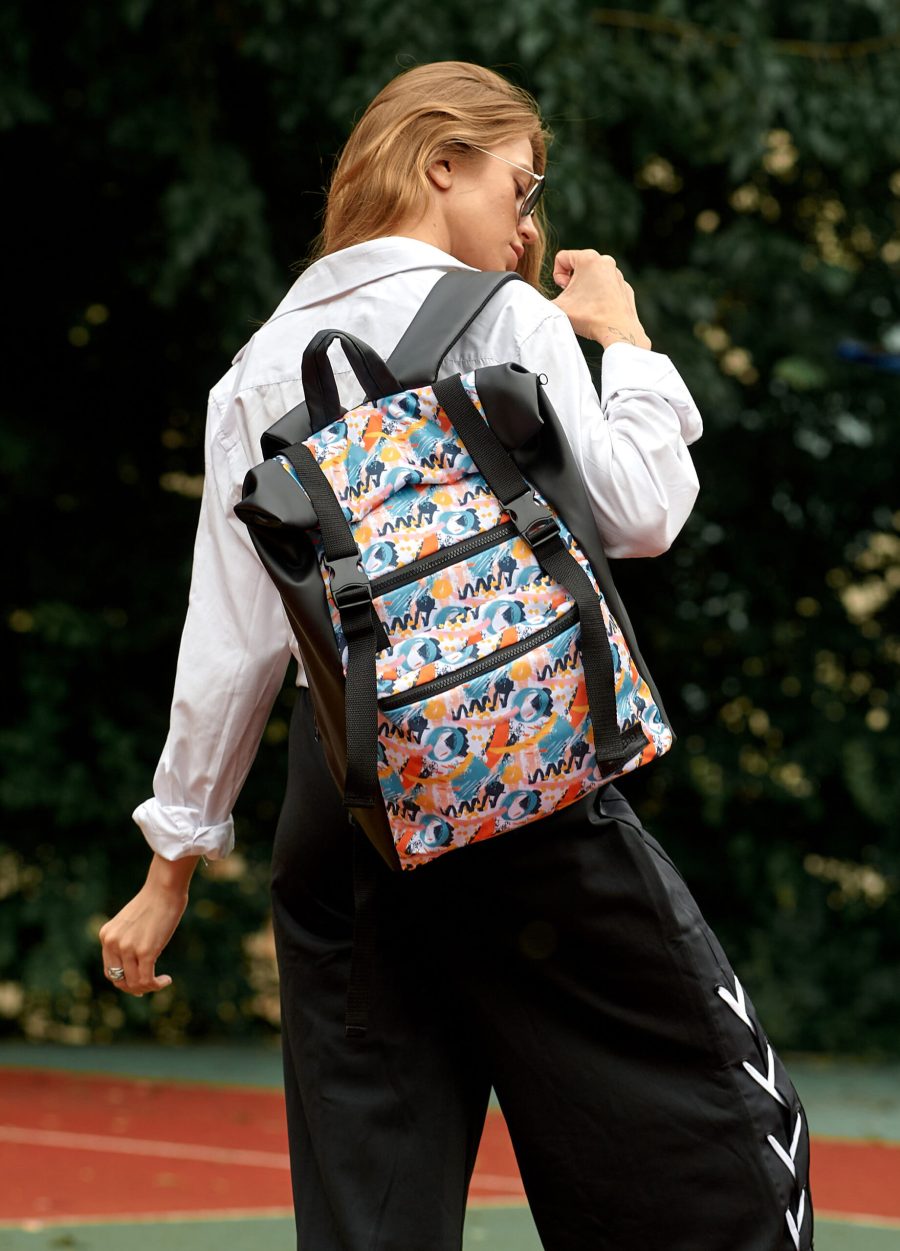 Рюкзак роллтоп жіночий для ноутбука Sambag RollTop чорний з принтом