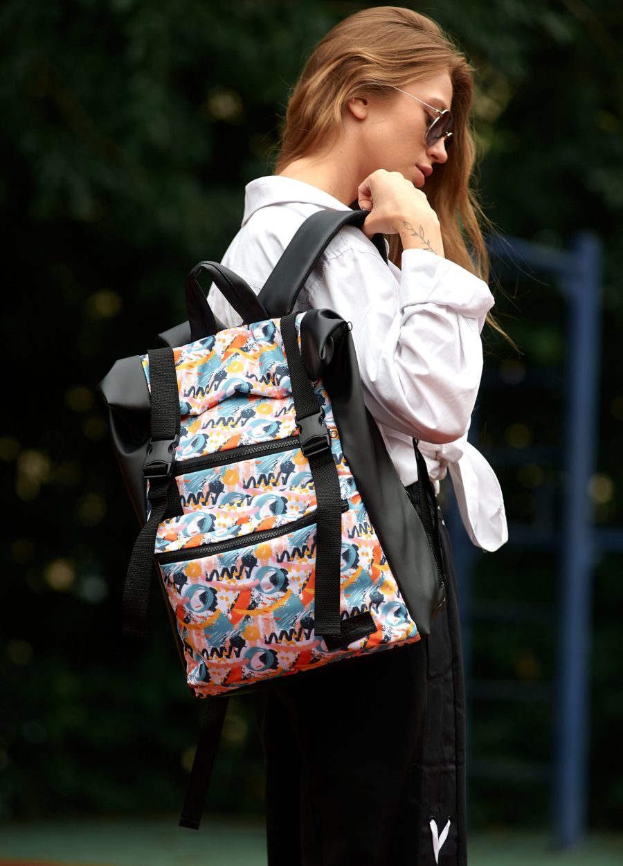 Рюкзак роллтоп жіночий для ноутбука Sambag RollTop чорний з принтом