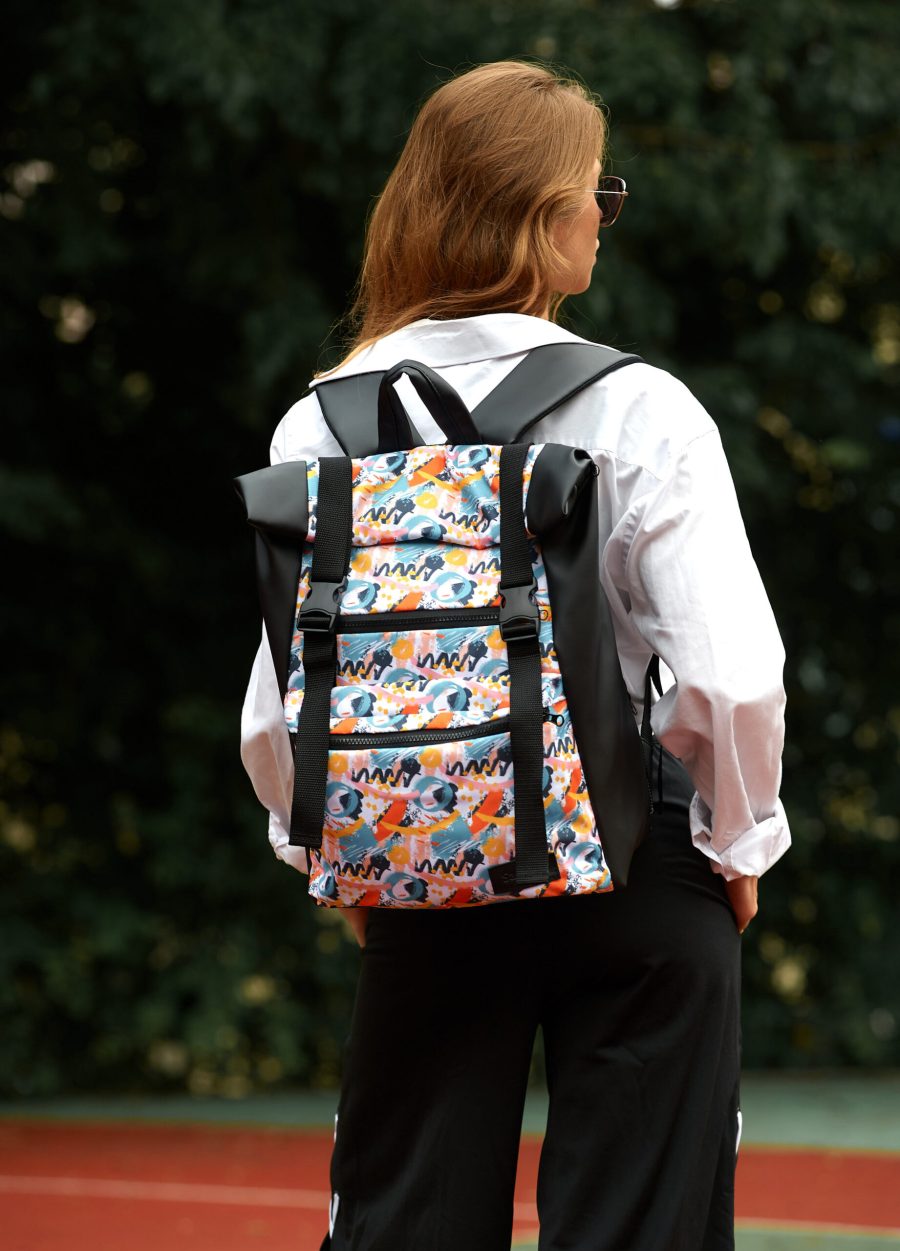 Рюкзак роллтоп жіночий для ноутбука Sambag RollTop чорний з принтом