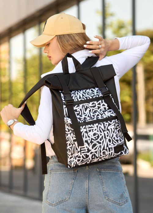 Женский рюкзак для ноутбука Sambag RollTop LTT с принтом черный