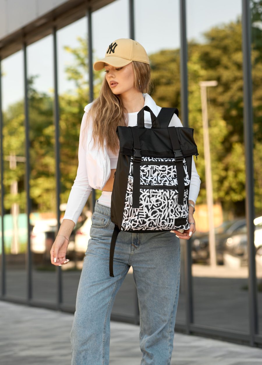 Рюкзак жіночий для ноутбука Sambag RollTop LTT з принтом чорний