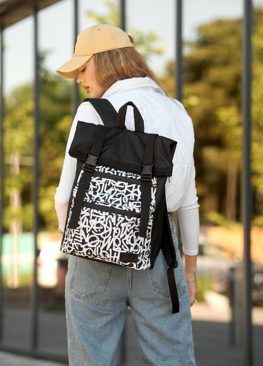 Рюкзак жіночий для ноутбука Sambag RollTop LTT з принтом чорний
