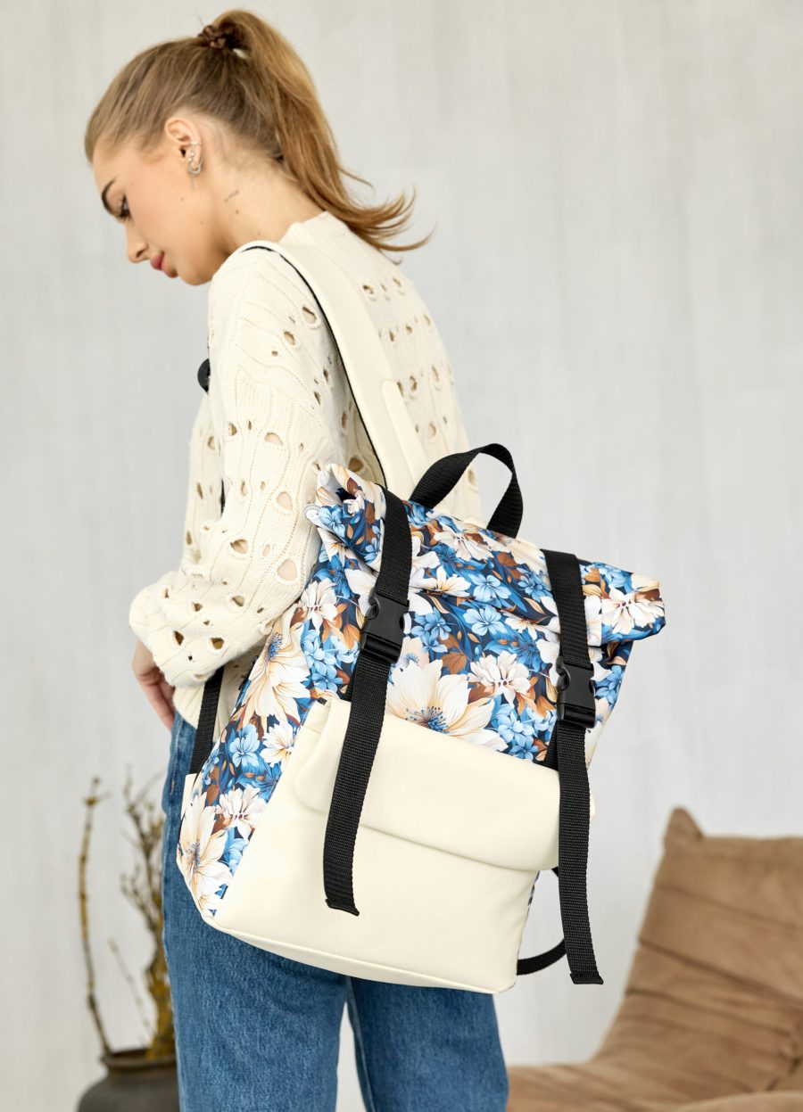 Рюкзак роллтоп жіночий RollTop Milton з принтом молочний