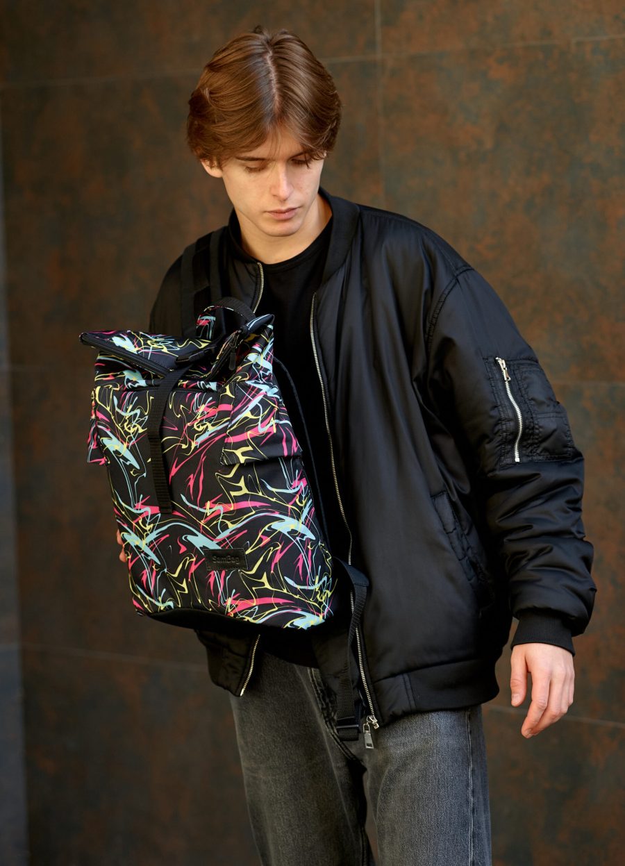 Мужской рюкзак роллтоп Sambag RollTop Double черный с принтом