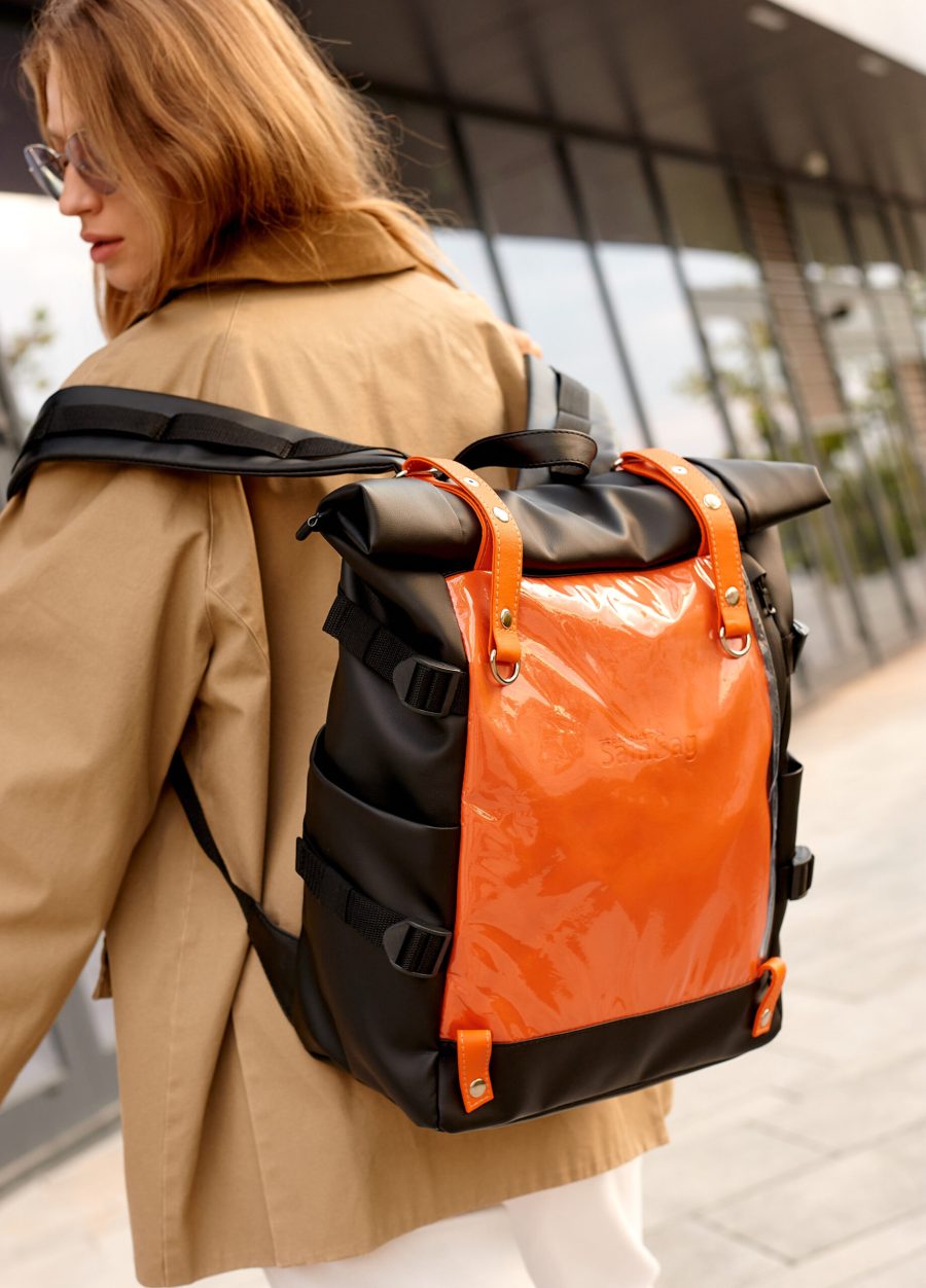 Рюкзак жіночий Sambag RollTop Hacking чорний з помаранчевим