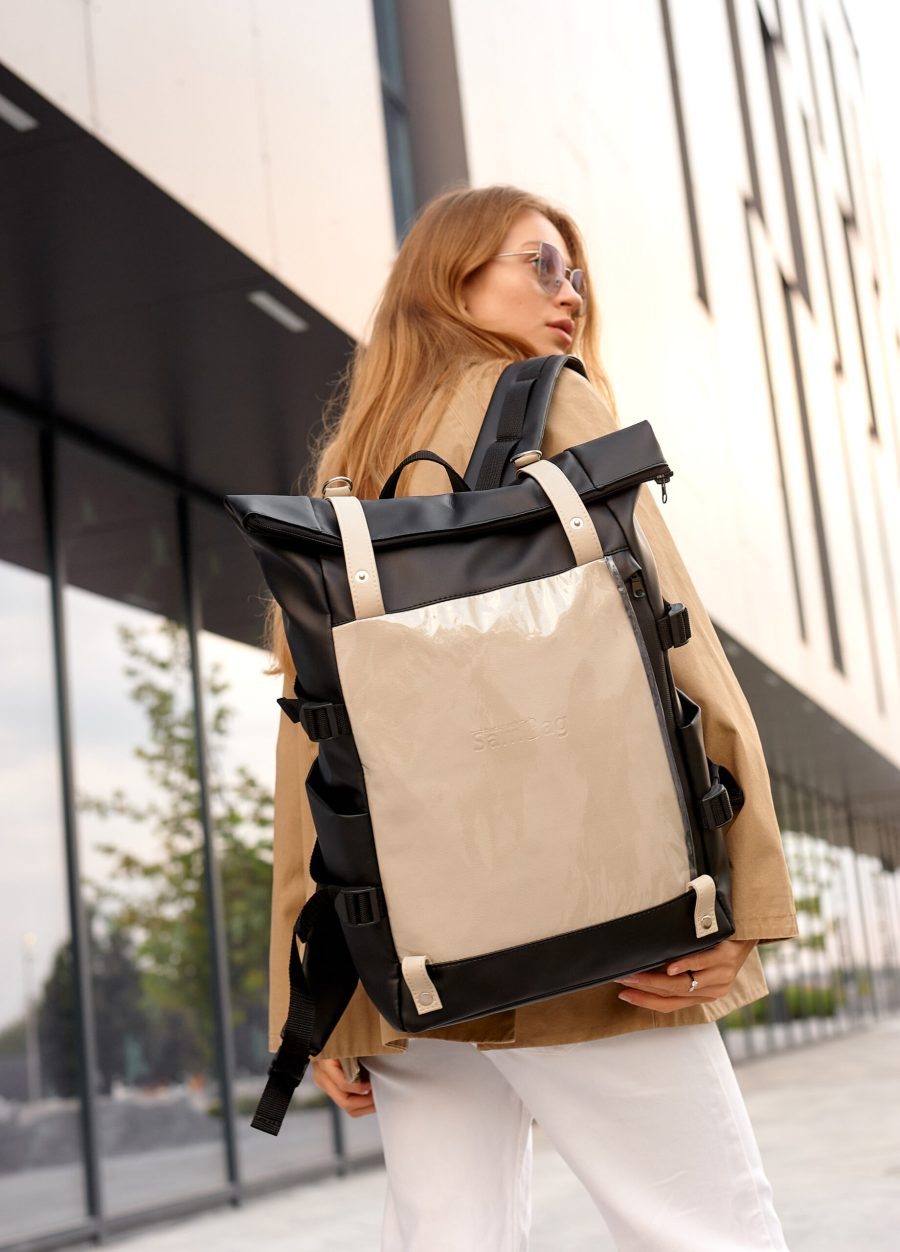 Рюкзак жіночий для ноутбука Sambag RollTop Hacking чорний із сірим