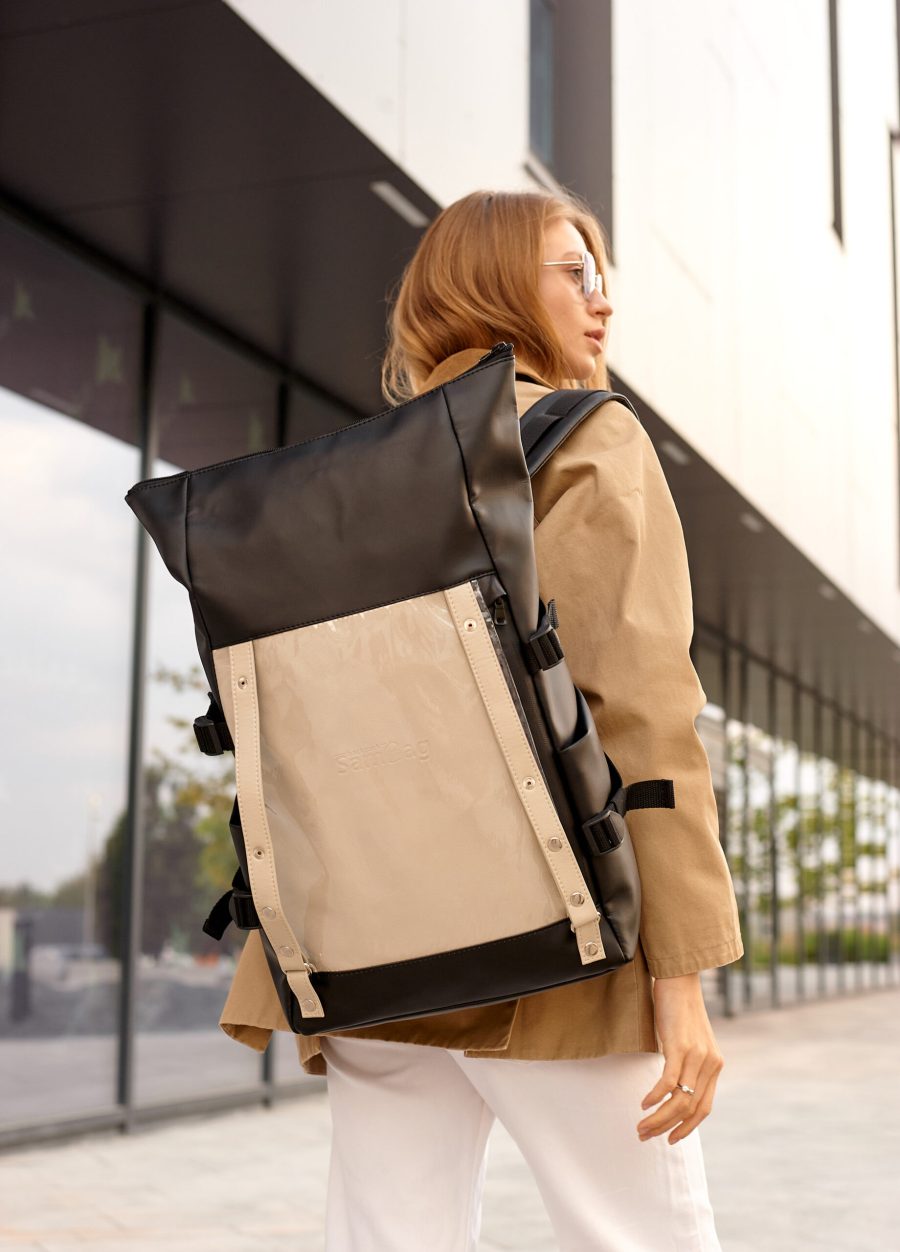 Рюкзак жіночий для ноутбука Sambag RollTop Hacking чорний із сірим
